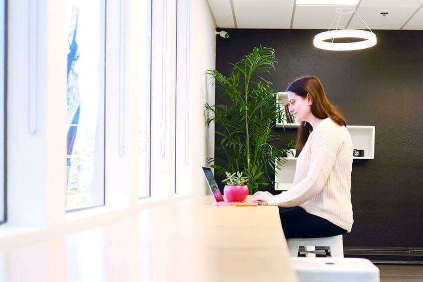 employee working at high tables overlooking windows