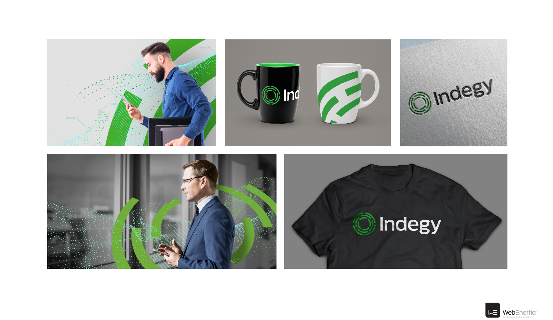 Indegy Brand Update & Guidelines logo on merchandise coffee cups shirt