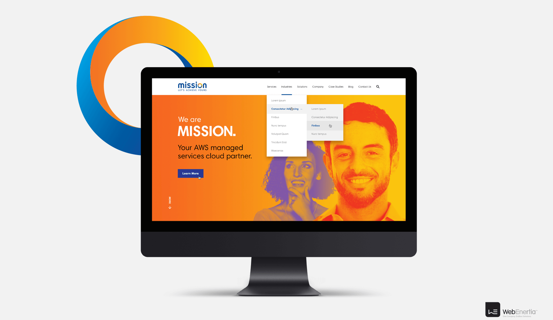 Mission Website Redesign orange and blue logo and website on iMac
